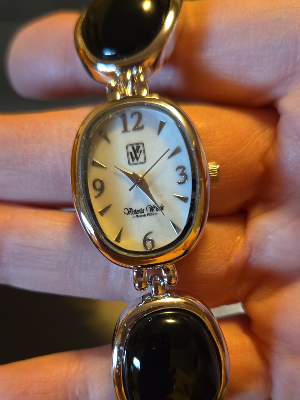 Silver Tone Watch Bracelet with Black Inlay